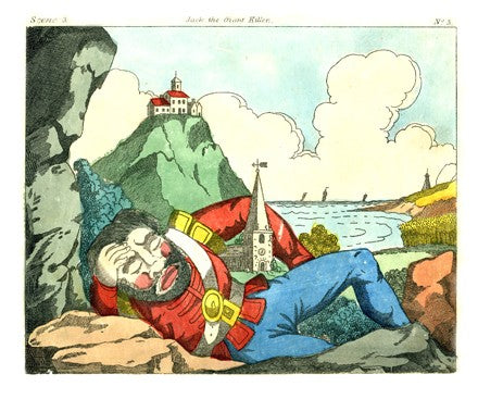 Close-up from a printed paper. In a colourful antique toy theatre scene from the story of Jack the Giant Killer, a giant lies down in a landscape by the sea, holding his head and resting his other arm across a church.
