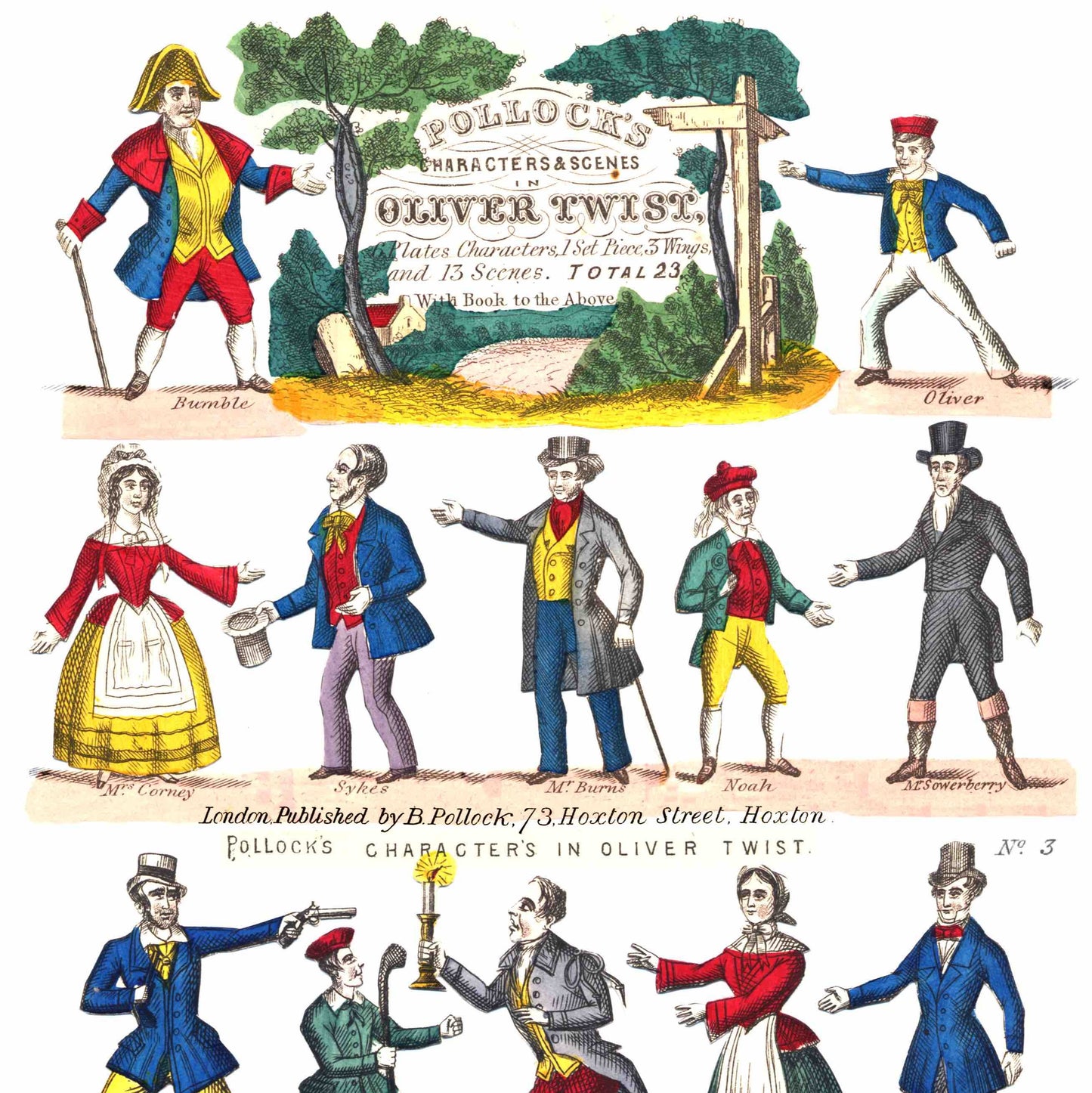 Close-up of the title and a selection of characters from a toy theatre production of 'Oliver Twist' by Charles Dickens, published by Pollock.