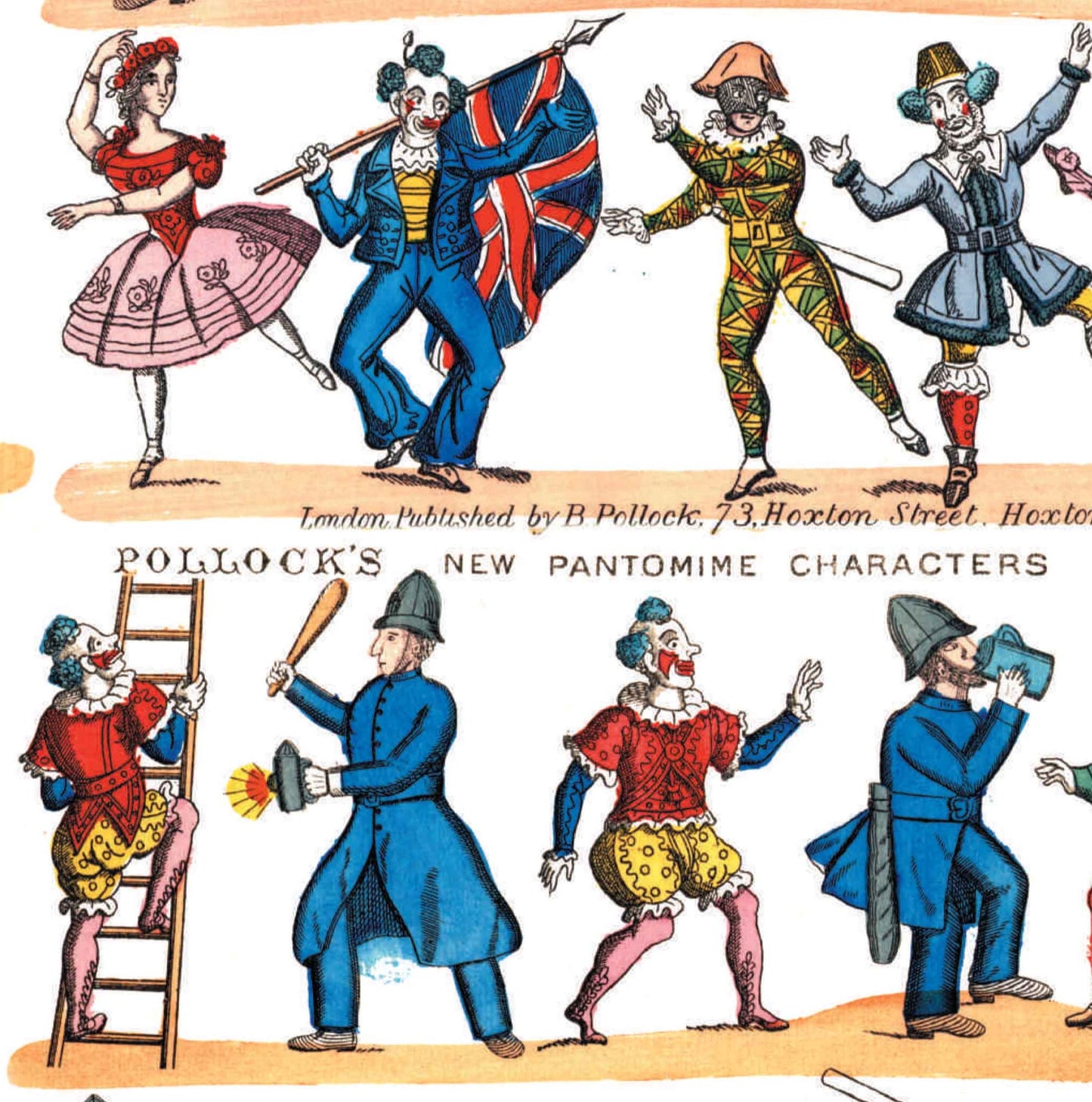 Close-up of Pollock's 'New Pantomime Characters', including a colourful Harlequin, a dancing lady, two policemen and some crowns, one of whom is carrying a Union Jack.