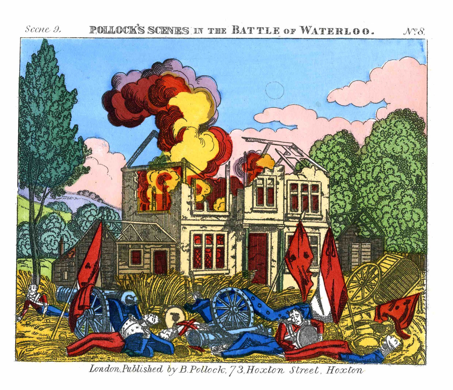Close-up of an illustration of a house on fire surrounded by injured or dying soldiers, from 'Pollock's Scenes in the Battle of Waterloo'.