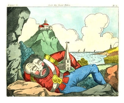 Close-up from a printed paper. In a colourful antique toy theatre scene from the story of Jack the Giant Killer, a giant lies down in a landscape by the sea, holding his head and resting his other arm across a church.