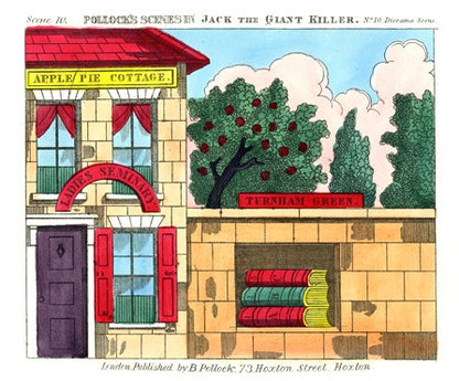 Close-up of a scene from Jack the Giant Killer, showing the facade of 'Apple Pie Cottage' and a wall bearing a sign for 'Turnham Green'. Behind the wall is a group of trees, including an apple tree.