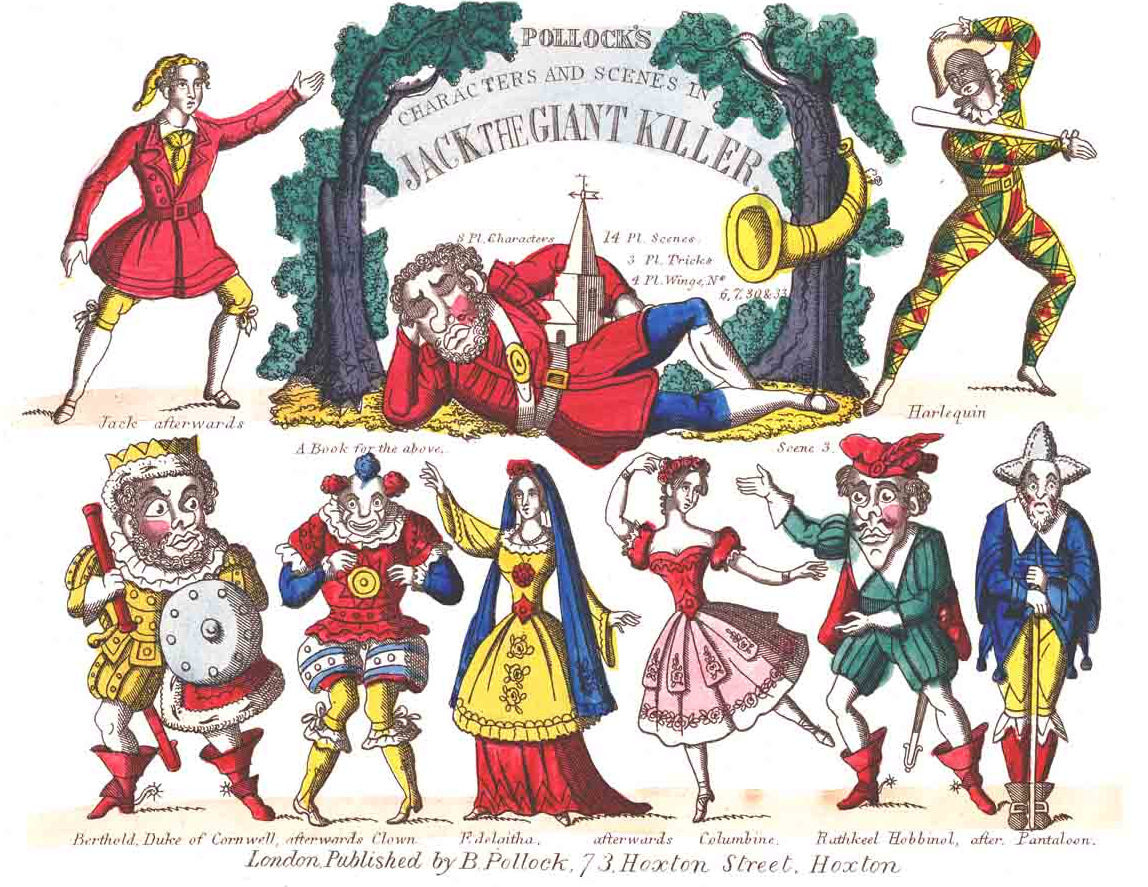 Close-up of colourful title and characters from 'Jack the Giant Killer' by Pollock.