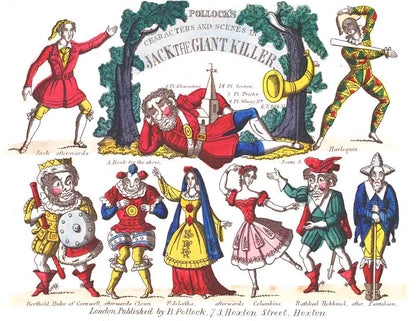 Close-up of colourful title and characters from 'Jack the Giant Killer' by Pollock.