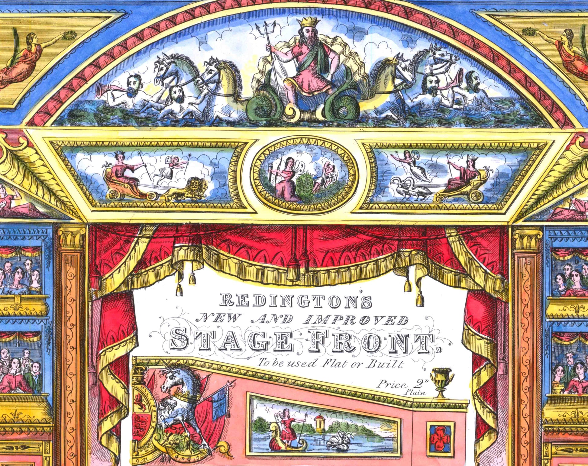 Close-up of the decorative detail on the Neptune theatre proscenium for the toy theatre, including an illustration of Neptune on his sea-chariot above the stage.