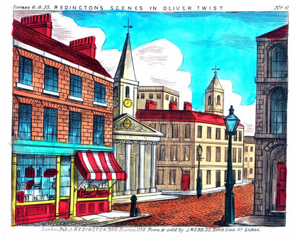 Close-up of a colourful illustration of a street scene from 'Oliver Twist' by Charles Dickens, featuring buildings and a clock tower.