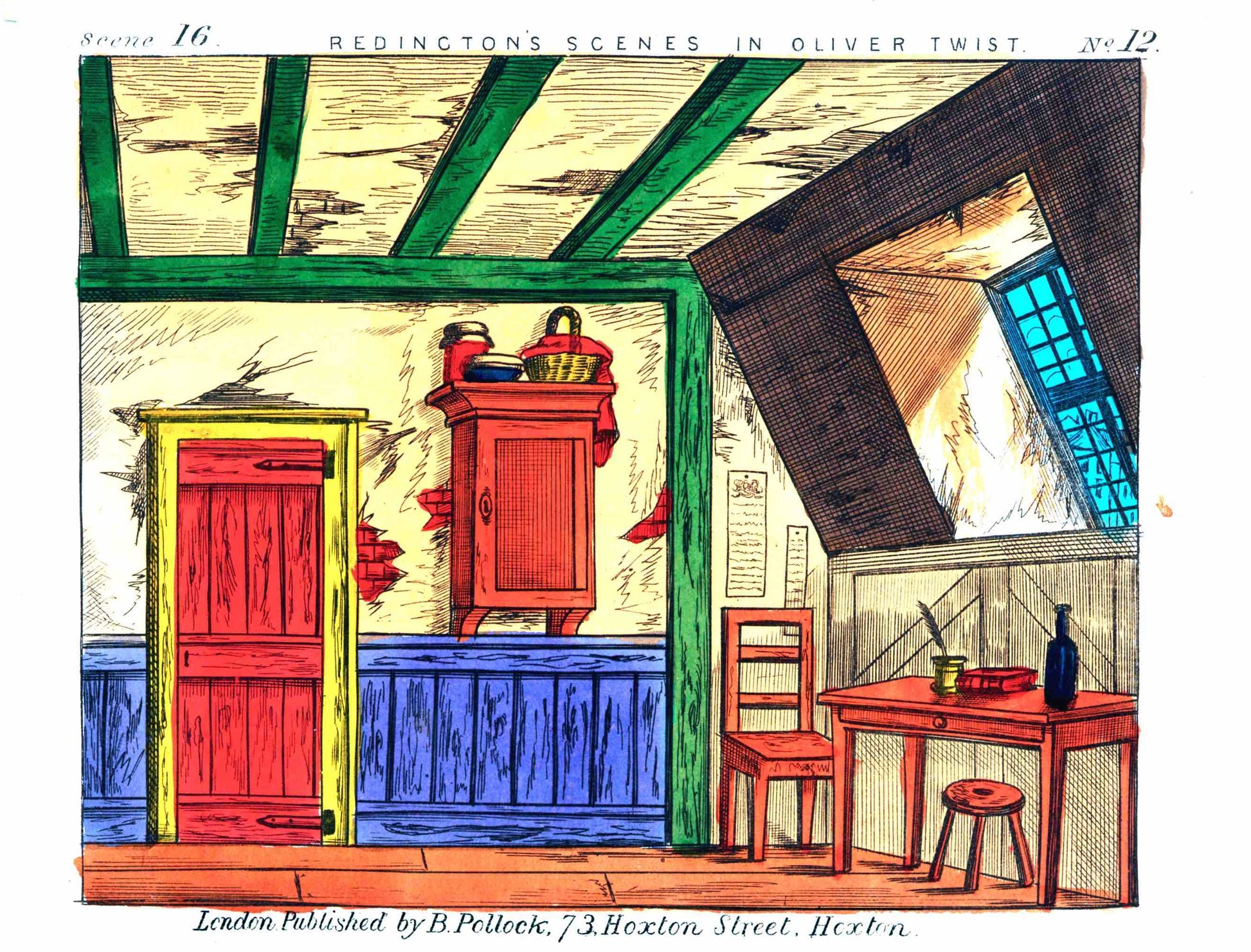 Close-up of a colourful illustration of a simple room interior with a desk and window, from 'Redington's Scenes in Oliver Twist', published by Pollock.