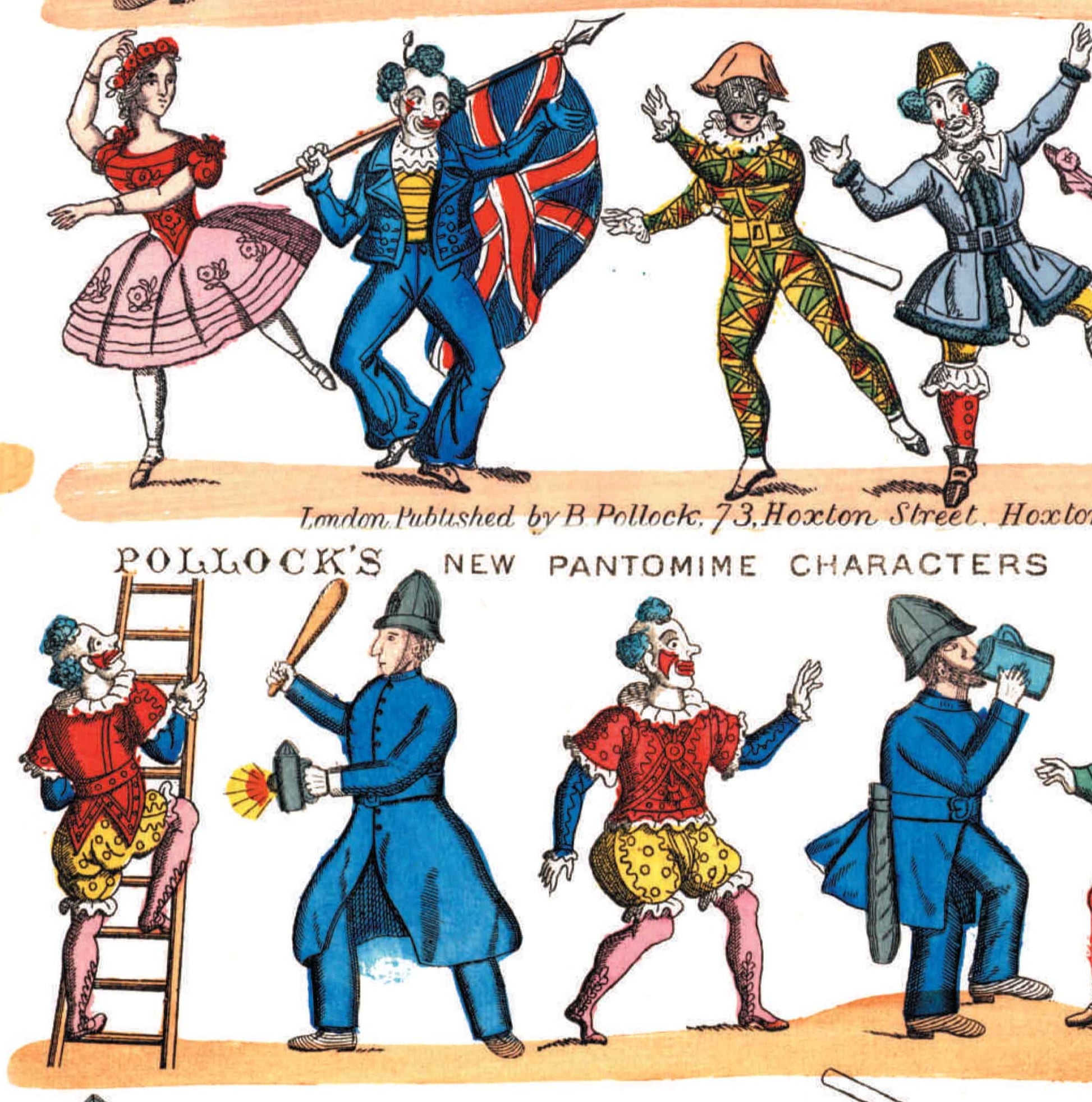 Close-up of Pollock's 'New Pantomime Characters', including a colourful Harlequin, a dancing lady, two policemen and some crowns, one of whom is carrying a Union Jack.