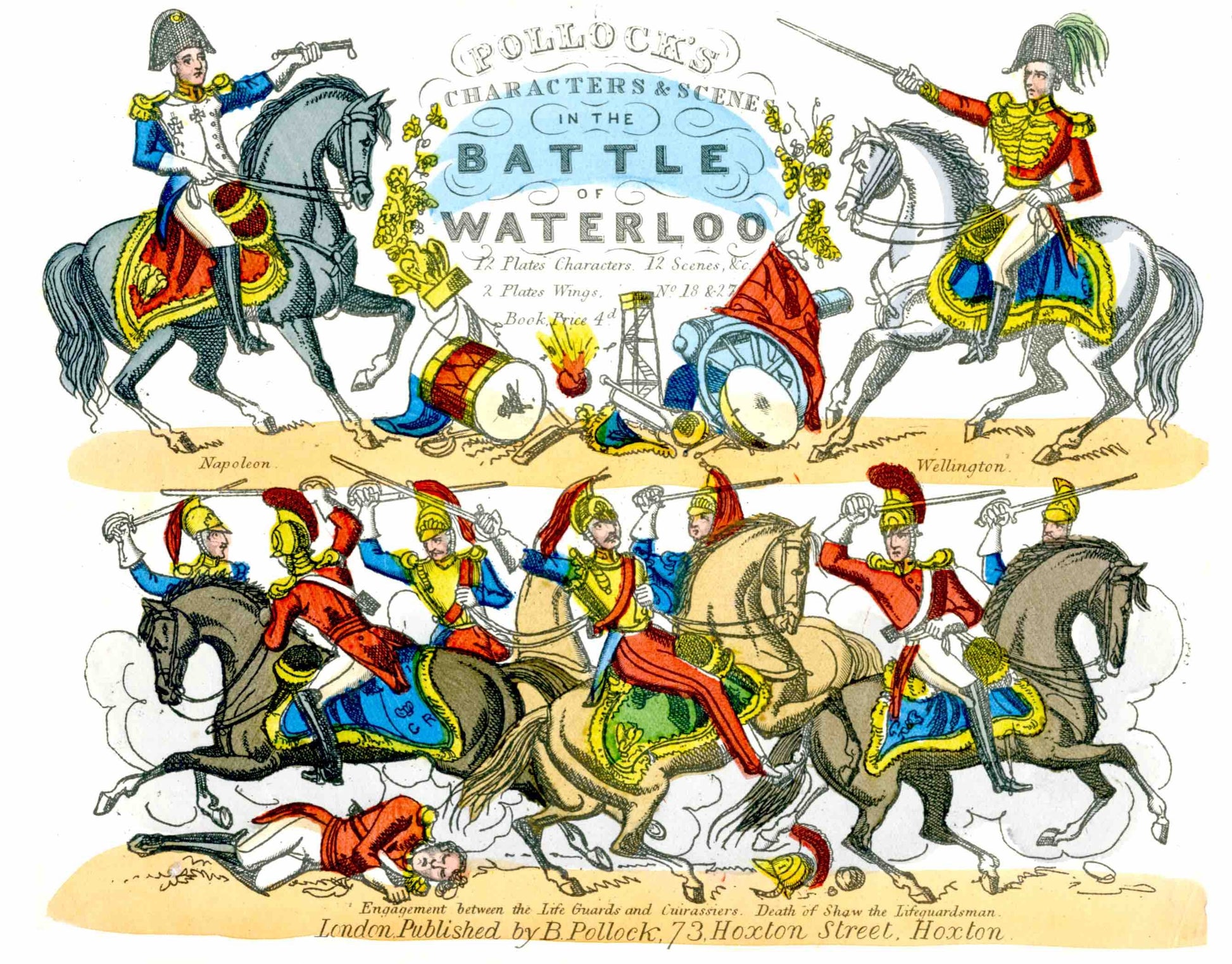 Close-up of the title illustration from Pollock's Characters & Scenes in the Battle of Waterloo, featuring a battle scene with horses and soldiers.
