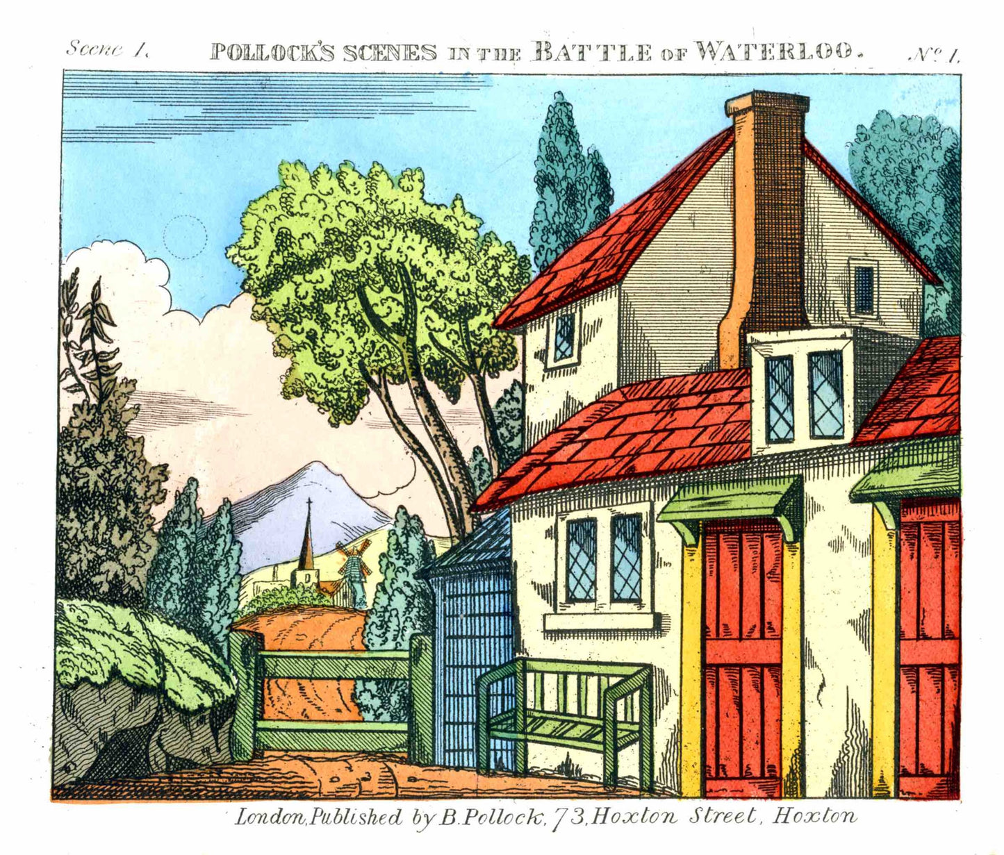 Close-up of a colourful illustration of a house with a red roof, in front of which stands a green bench. The scene is taken from Pollock's Scenes in the Battle of Waterloo.