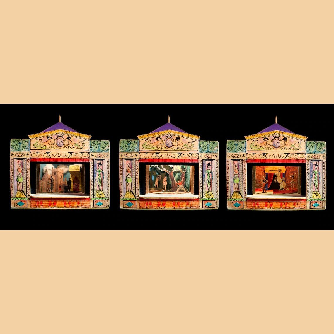 A series of three photographs of a toy theatre displaying a different scene in each.