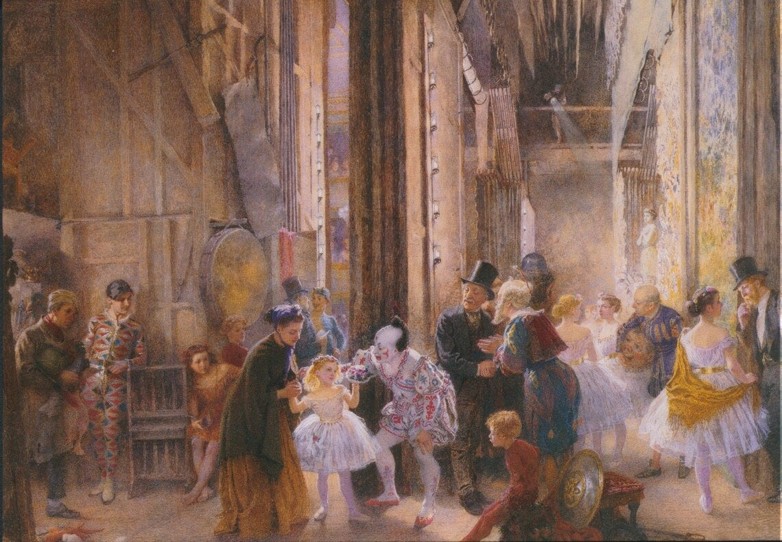 Her First Bouquet: Victorian Child Actress in the Pantomime Theatre Wings, Greetings Card