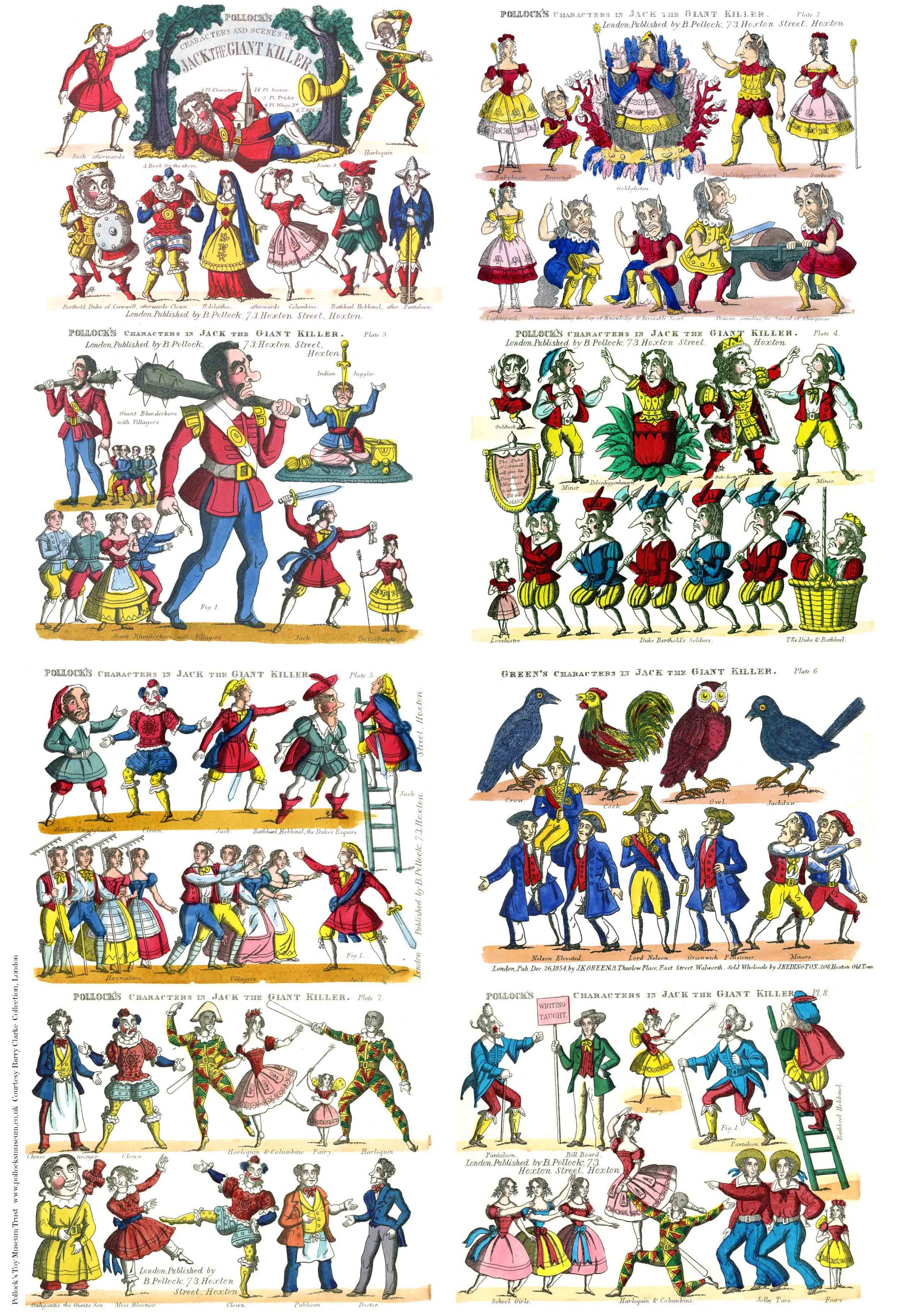 Colourful printed characters for a toy theatre performance of Jack the Giant Killer, to cut out and make, arranged on one large sheet of paper.