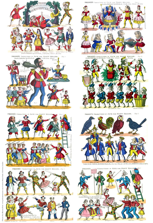Colourful printed characters for a toy theatre performance of Jack the Giant Killer, to cut out and make, arranged on one large sheet of paper.
