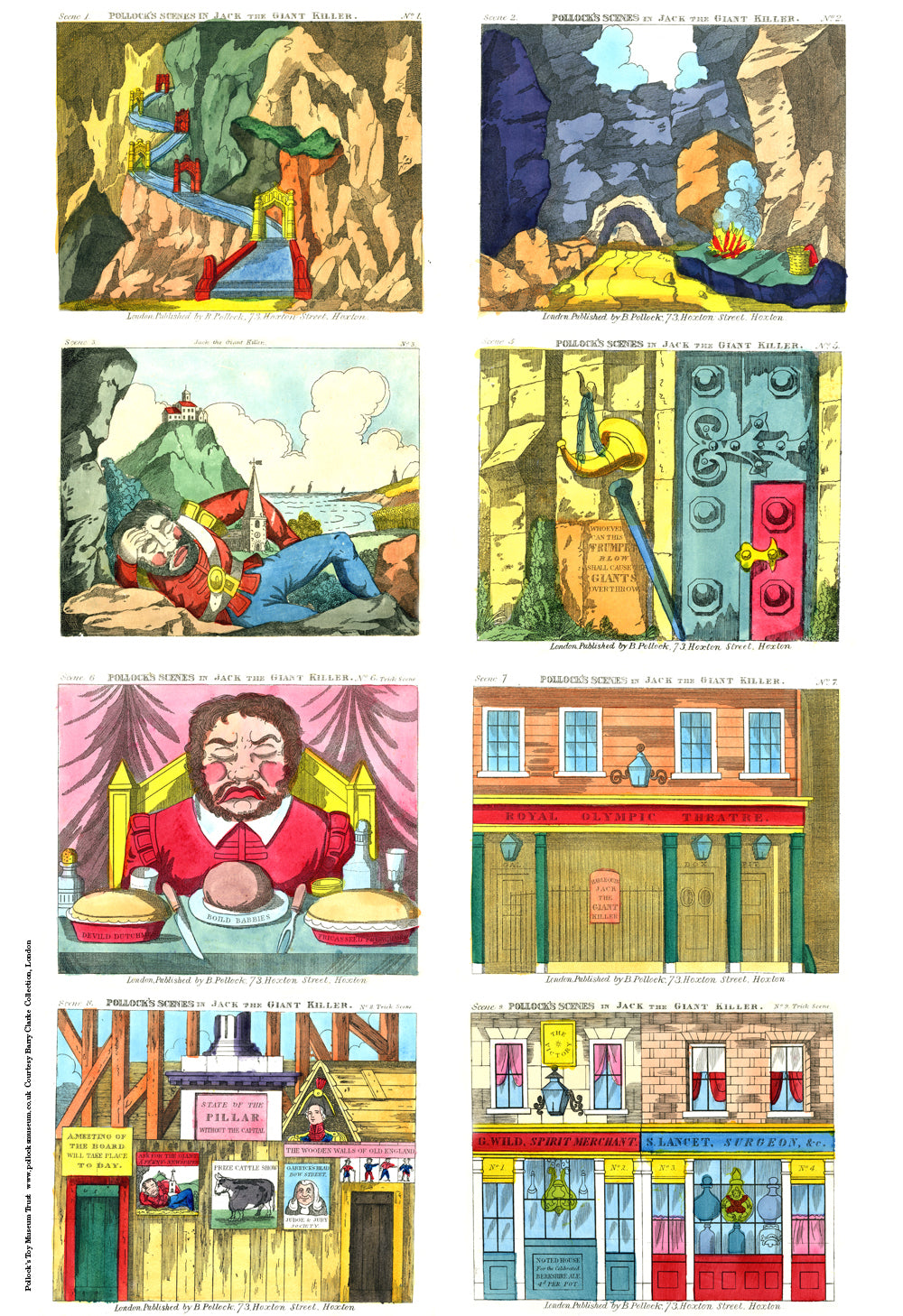 Colourful printed scenes for a toy theatre performance of Jack the Giant Killer, to cut out and use, arranged on one large sheet of paper. Scenes include a rocky landscape and shopfronts.
