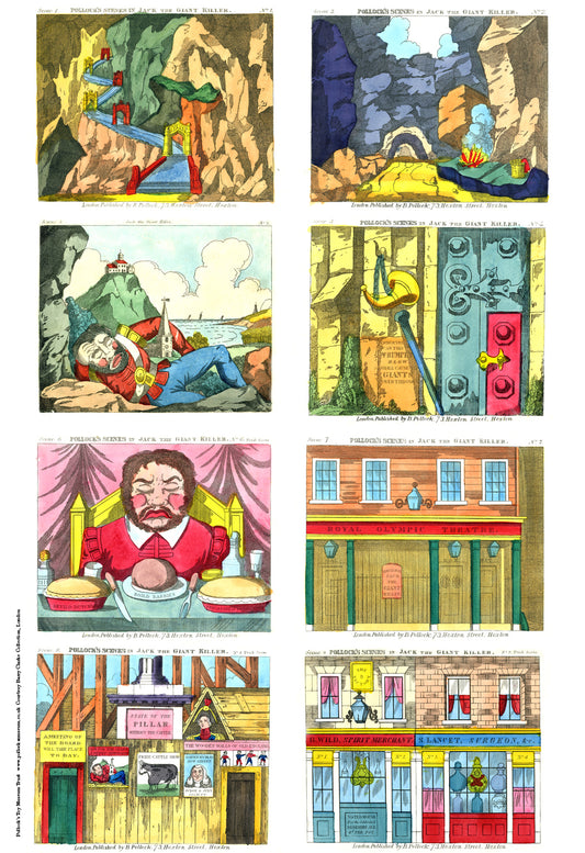 Colourful printed scenes for a toy theatre performance of Jack the Giant Killer, to cut out and use, arranged on one large sheet of paper. Scenes include a rocky landscape and shopfronts.