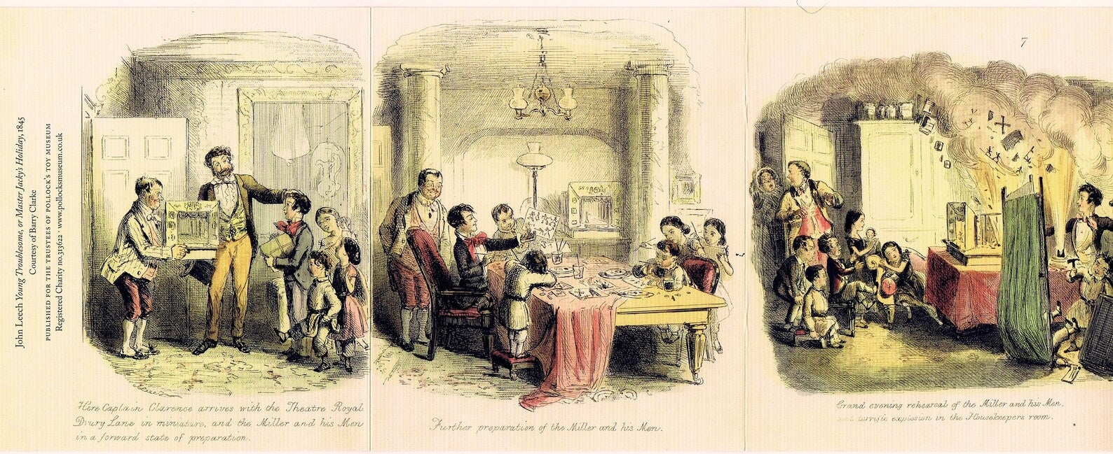 Greetings card featuring three scenes from the story of a toy theatre  performance that goes wrong: in the third scene the theatre has caught fire from the lighting.