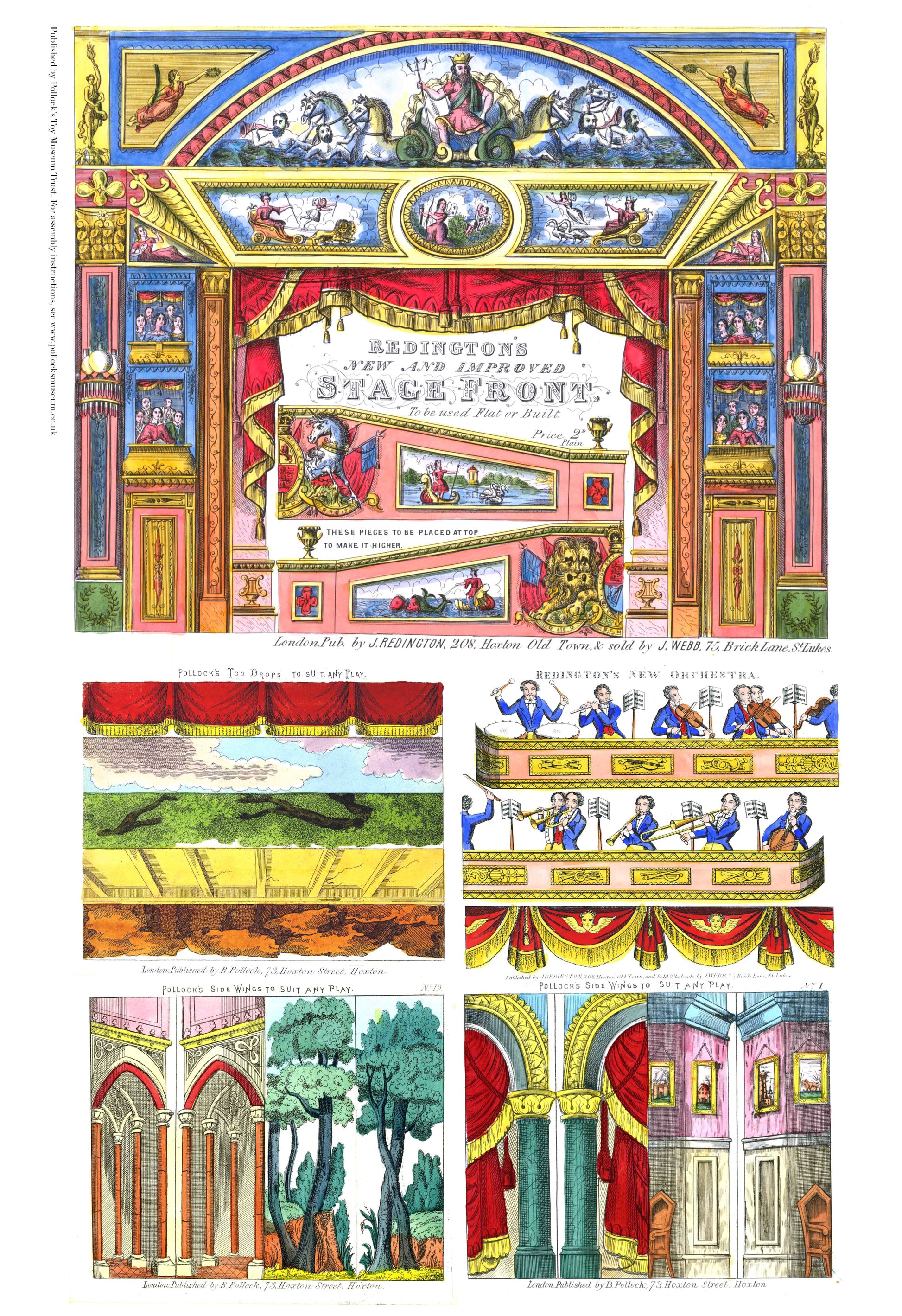 Sheet with the Neptune proscenium stage front for the toy theatre, together with side wings and orchestra.