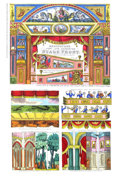 Sheet with the Neptune proscenium stage front for the toy theatre, together with side wings and orchestra.