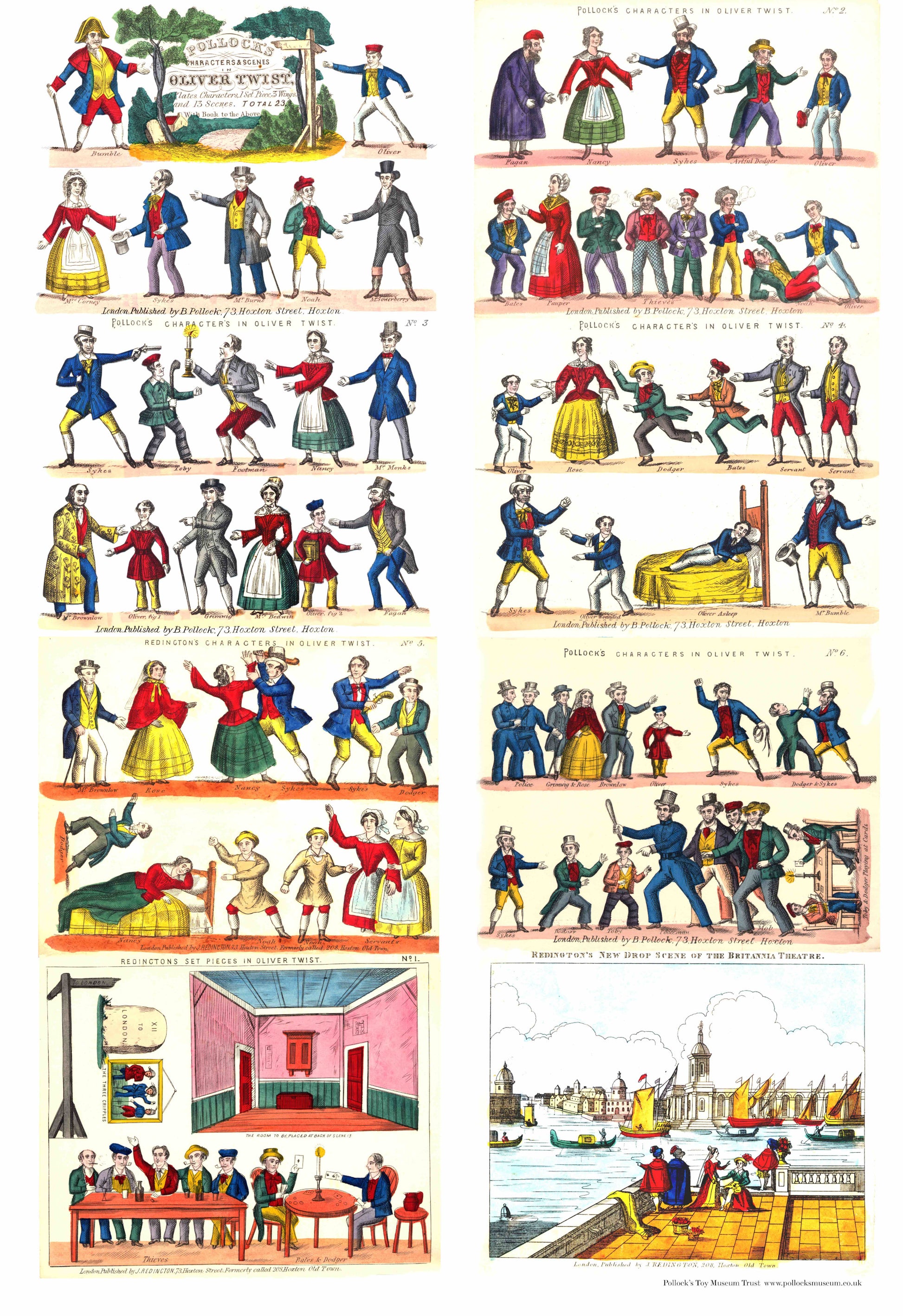 Printer paper showing a variety of characters and scenes for a toy theatre performance of Oliver Twist.