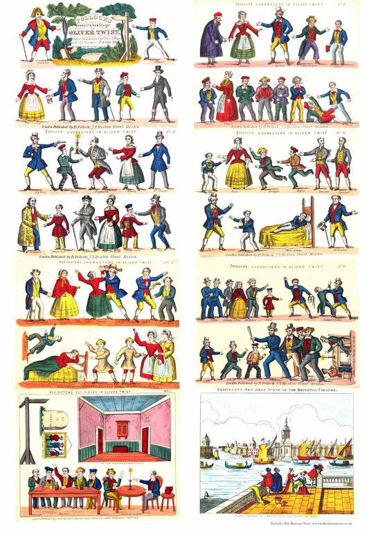 Printer paper showing a variety of characters and scenes for a toy theatre performance of Oliver Twist.