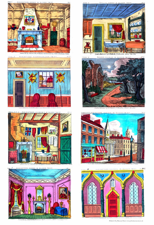 Sheet showing eight colourful illustrations of rooms and landscapes, scenery for a toy theatre production of Oliver Twist. This sheet contains images 1-8.