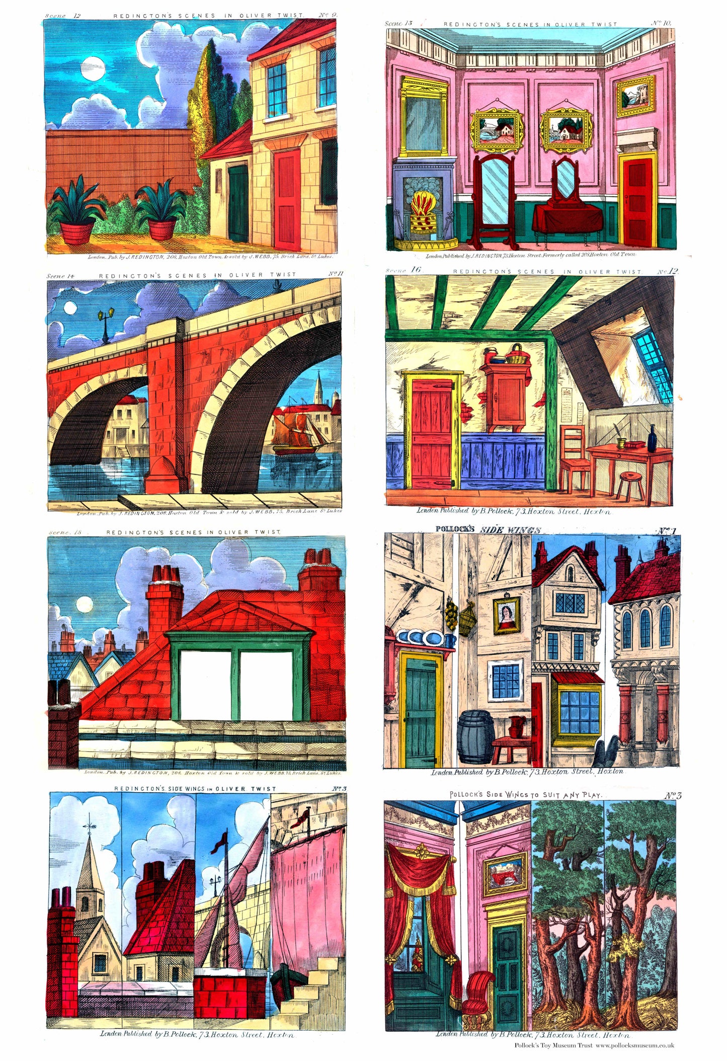 Sheet showing colourful illustrations of interior and exterior scenes for a toy theatre production of Oliver Twist, including a range of side wings.