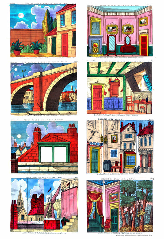 Sheet showing colourful illustrations of interior and exterior scenes for a toy theatre production of Oliver Twist, including a range of side wings.