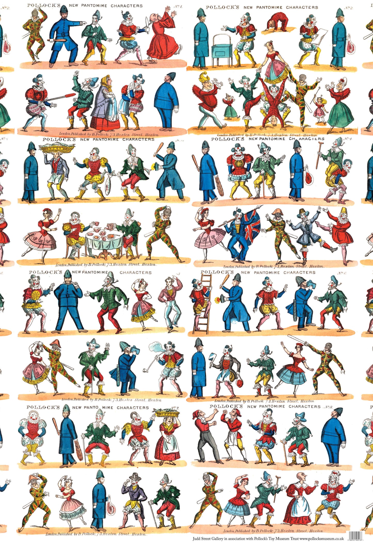 Pantomime characters reproduced from an antique toy theatre set arranged in rows on a large sheet. Characters include clowns, a harlequin, dancing girls and policemen.