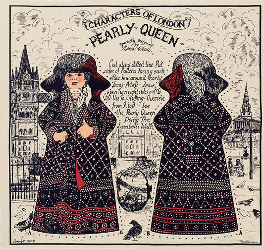 Fabric sheet featuring an Illustration of a 'Pearly Queen' figure, front and back, to be cut out and sewn into a soft toy character or cushion. The sheet features the London skyline in the background and basic instructions on completing the kit.