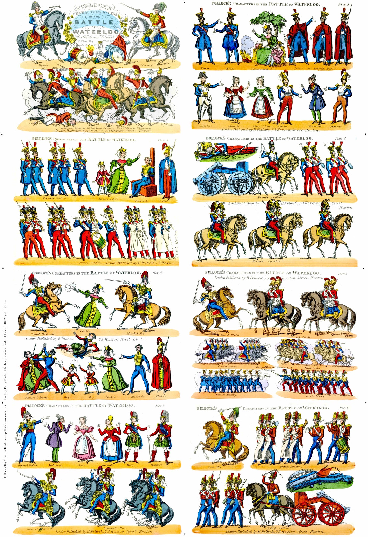 Sheet of illustrated figures of soldiers and horses from the Battle of Waterloo, arranged in a grid.