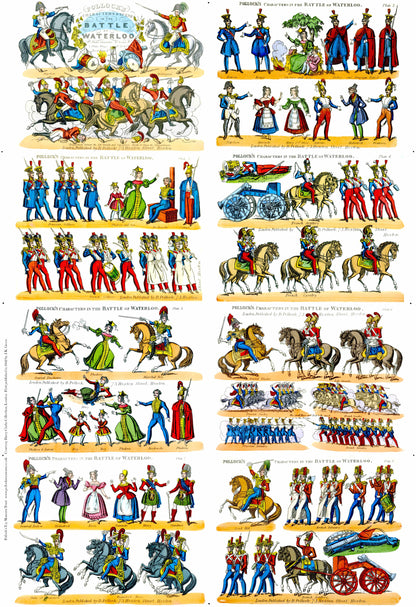 Sheet of illustrated figures of soldiers and horses from the Battle of Waterloo, arranged in a grid.