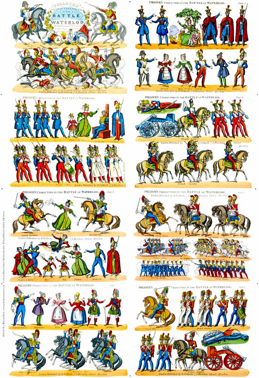 Sheet of illustrated figures of soldiers and horses from the Battle of Waterloo, arranged in a grid.