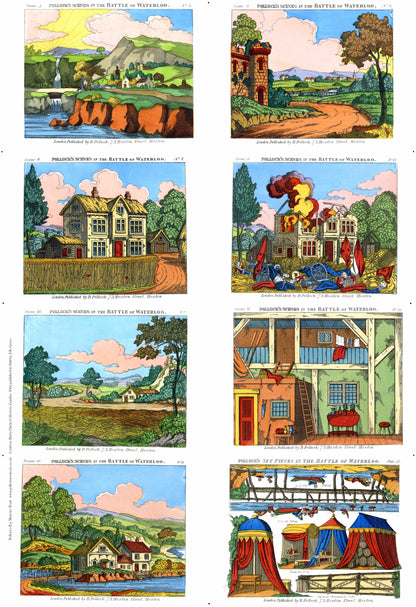 Sheet of scenes and scenic elements from Pollock's toy theatre Battle of Waterloo.